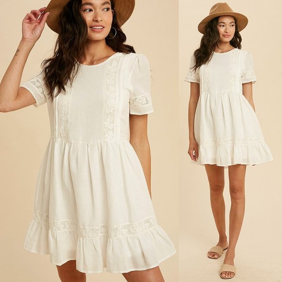 In Loom Dresses & Skirts - NEW Ivory White Sweet Lace Inset Ramie Cotton Blend BOHO Babydoll Mini Dress M